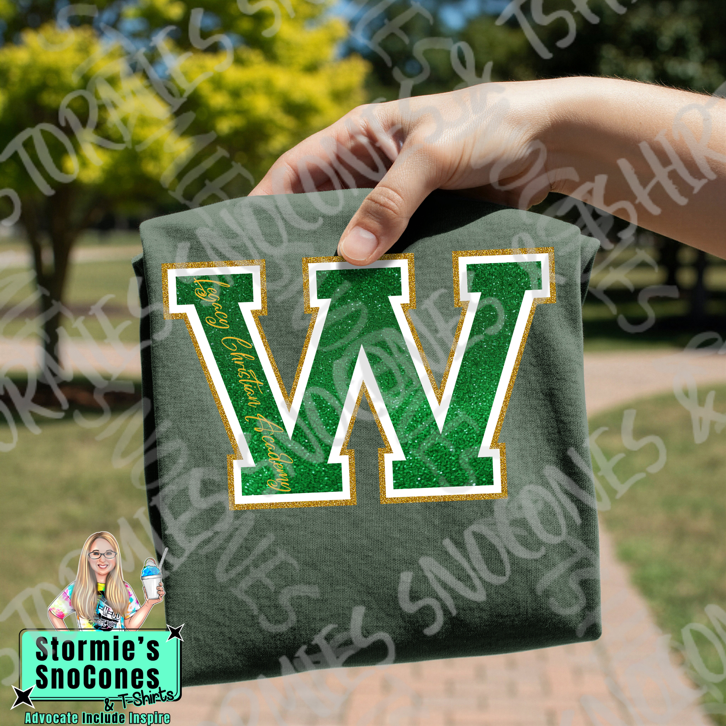 Legacy Christian Academy Warriors Big Initial Faux Glitter Forest Green Gildan Comfort Colors Bella Canvas Shirt