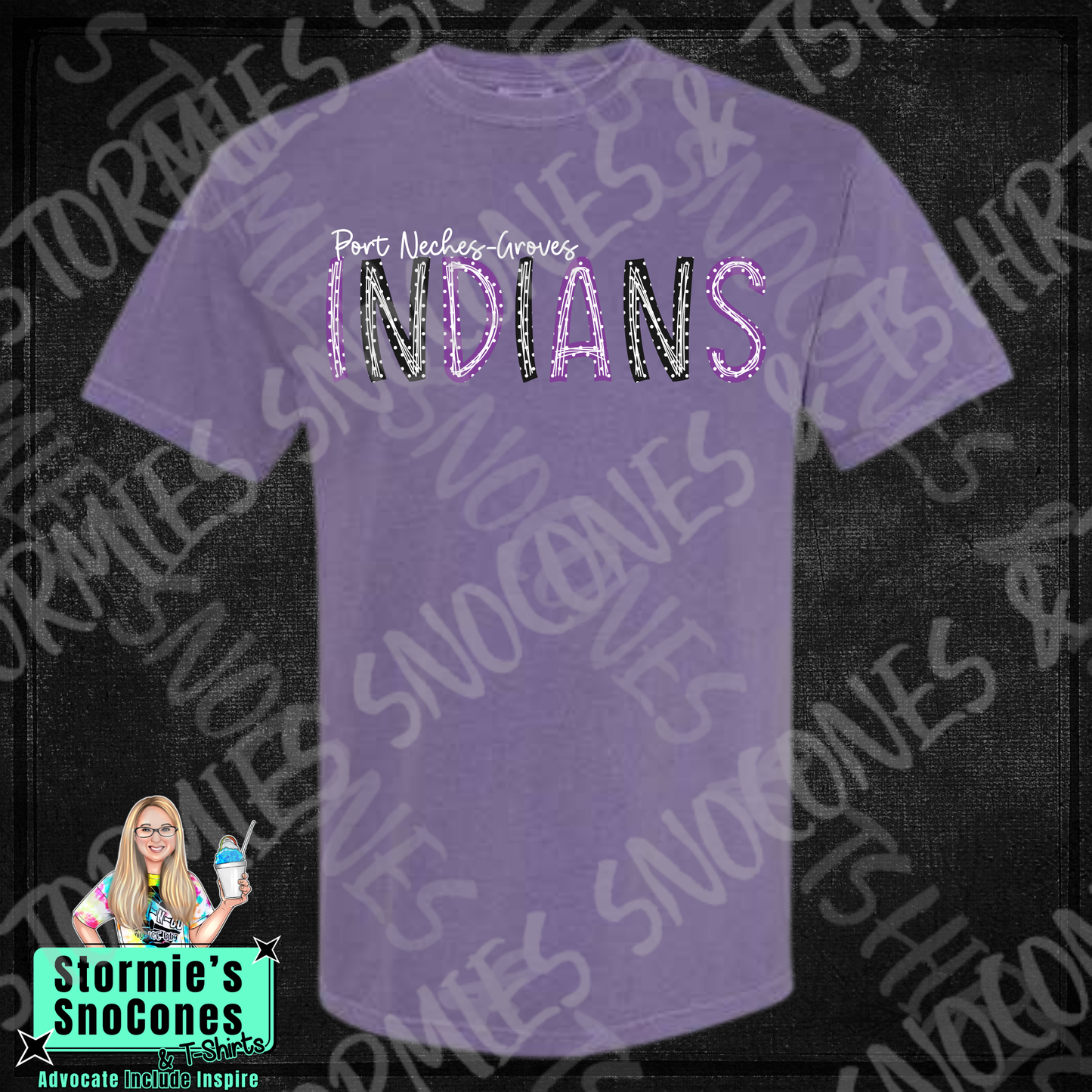 Port Neches-Groves Indians Polka Dot Doodle Blue Gildan Comfort Colors Bella Canvas Shirt