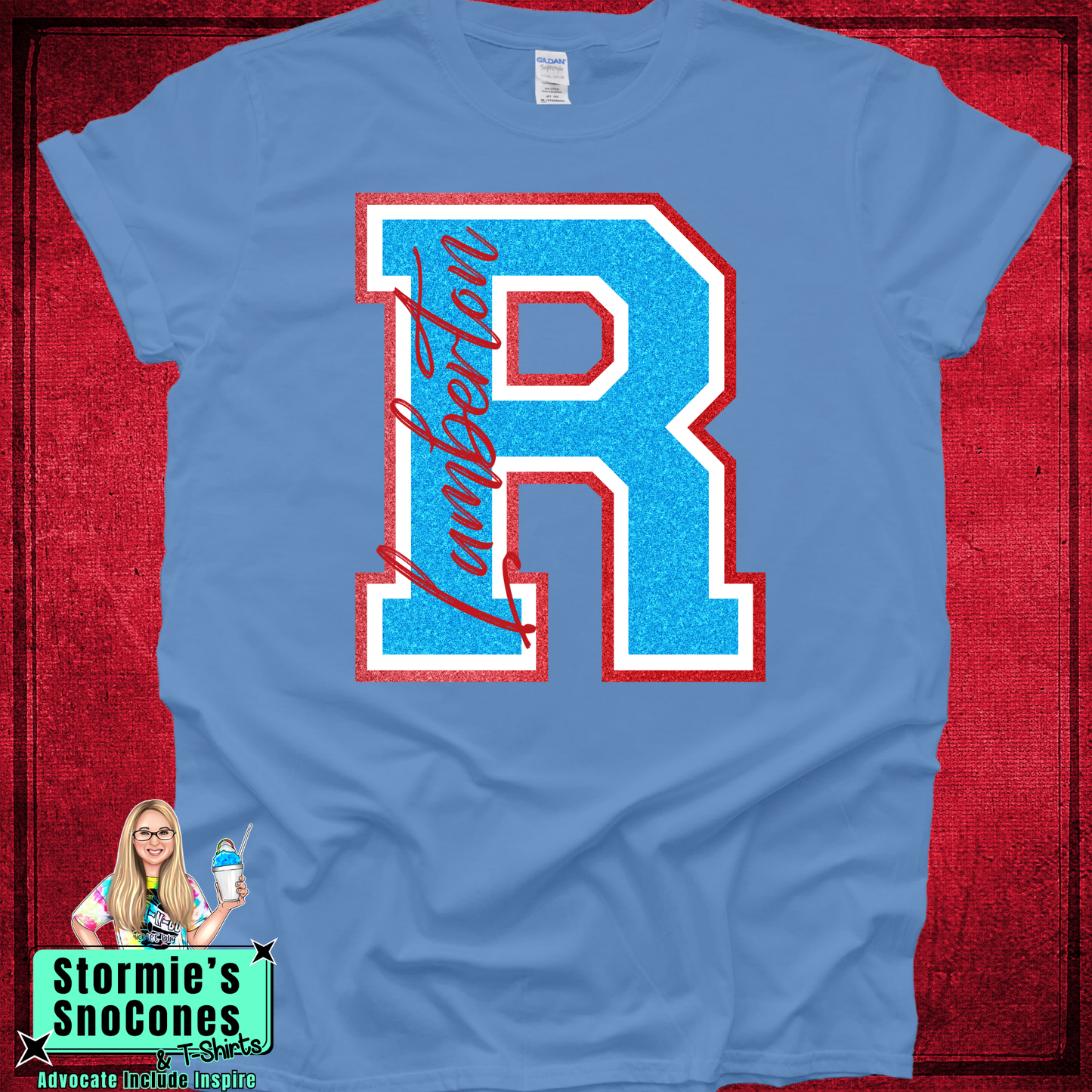 Lumberton Raiders Big Initial Faux Glitter Columbia Blue Gildan Comfort Colors Bella Canvas Shirt