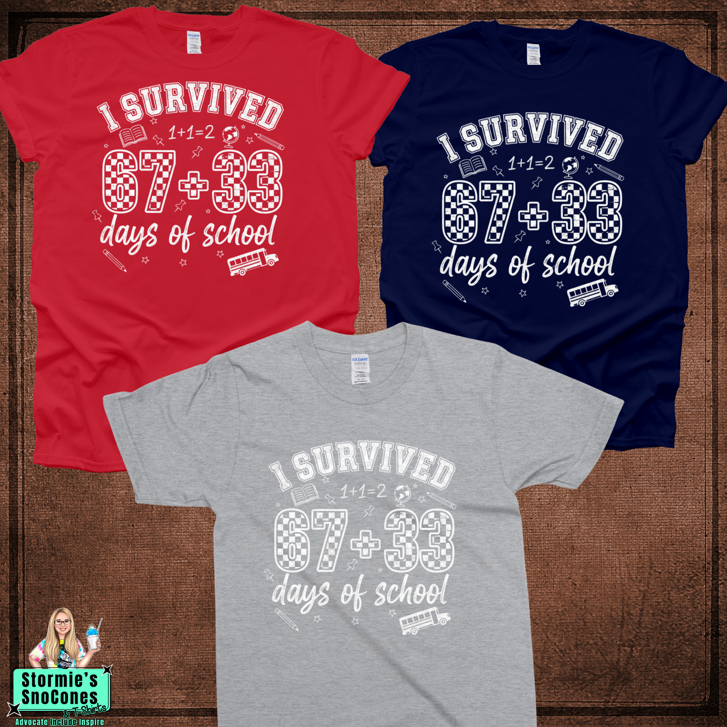 100 Days of School - I survived 67+33 days Checkered Tshirt