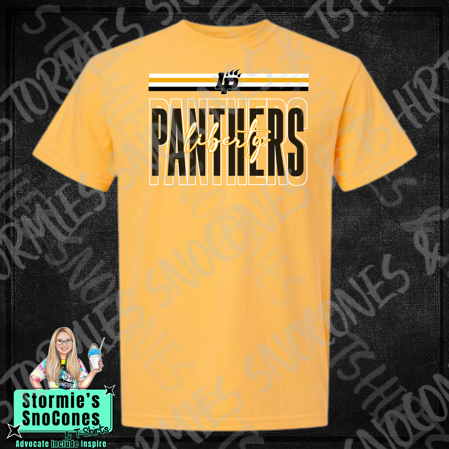 Liberty Panthers Layered Outline Cursive Gold Gildan Comfort Colors Bella Canvas Shirt
