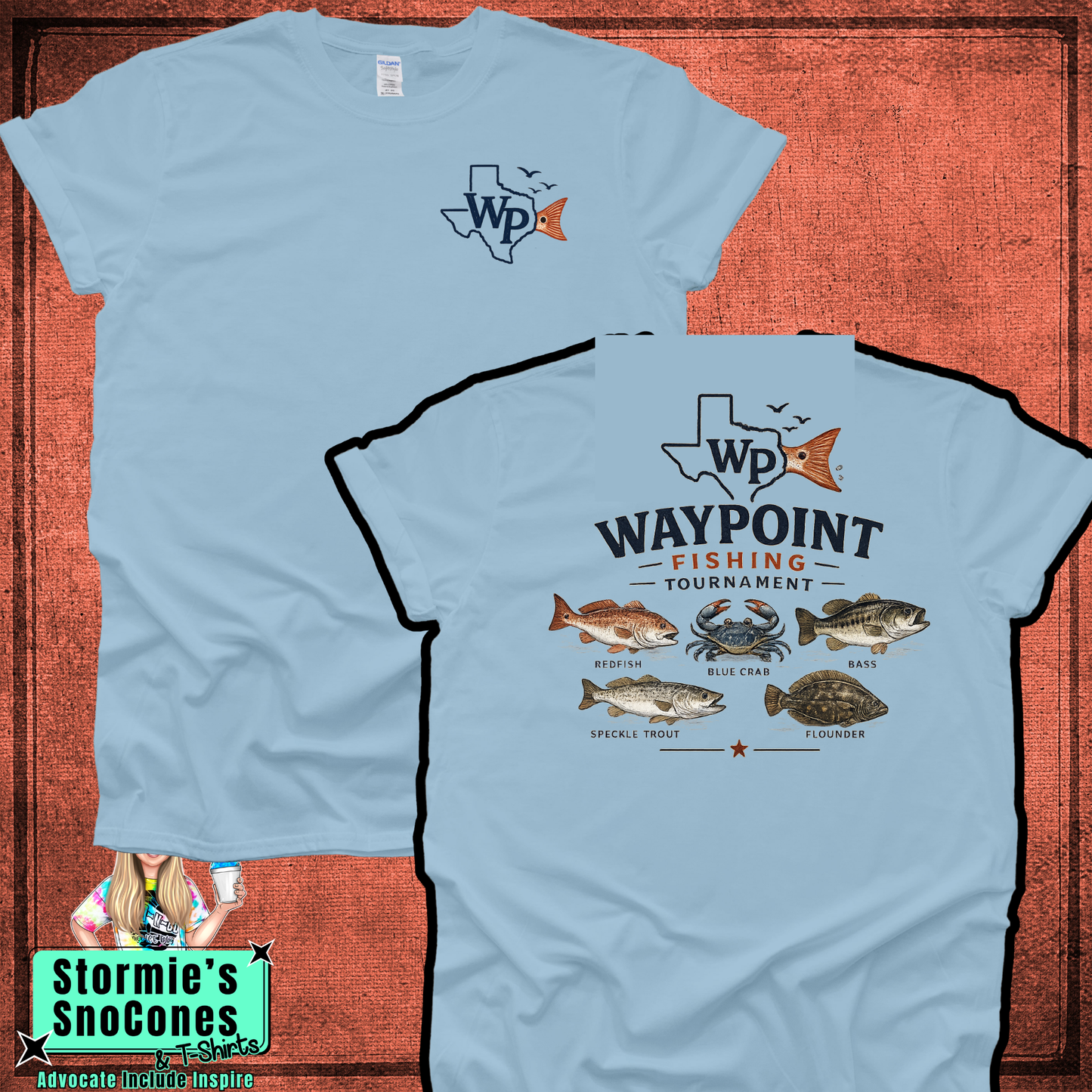 Waypoint Fishing Tournament Fish Names Light Blue Shirt