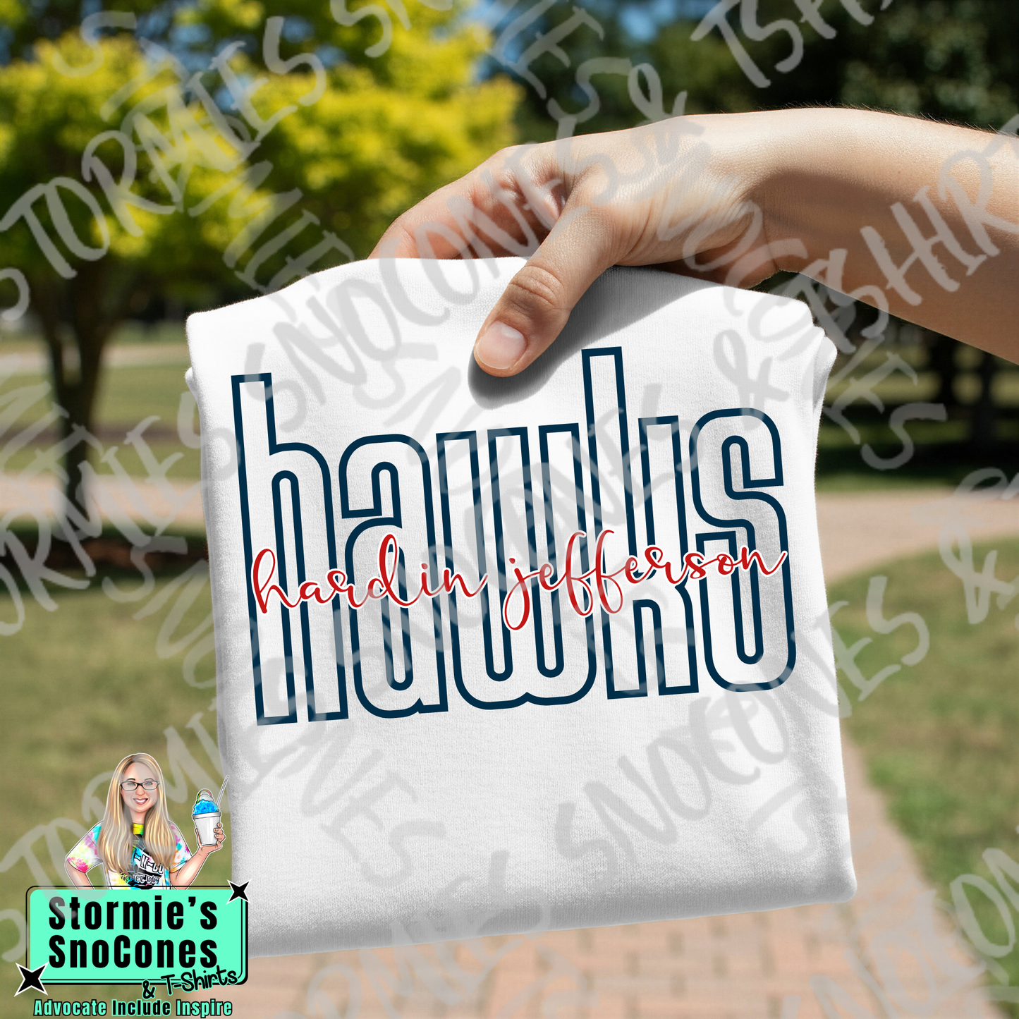 Hardin Jefferson Hawks Lowercase Block and Cursive White Gildan Comfort Colors Bella Canvas Shirt