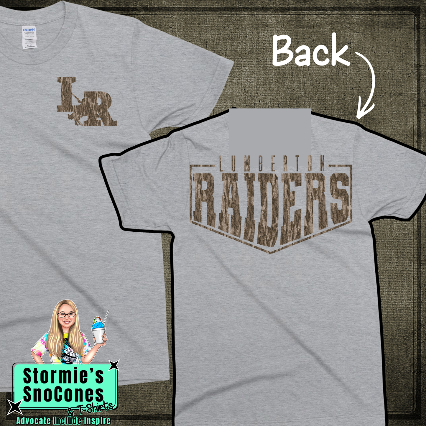 Lumberton Raiders Bottomland Camo Frame - Dryblend or Dryfit - Sport Gray Short Sleeve Shirt