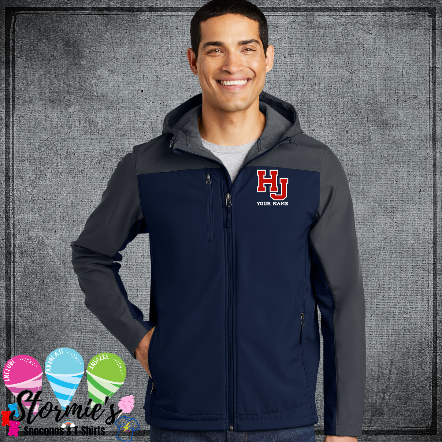 HJ Hawks Custom Name Hooded Soft Shell Unisex Jacket - Dress Blue Navy/ Battleship Grey