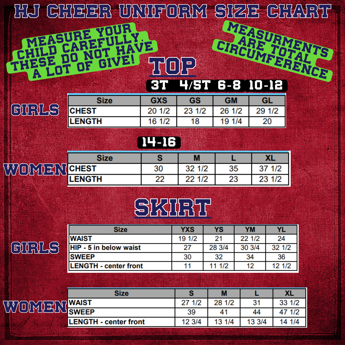 HJ Hawks Custom Navy Red White Cheer Outfit 2025 - ALL SALES FINAL CHECK CHART