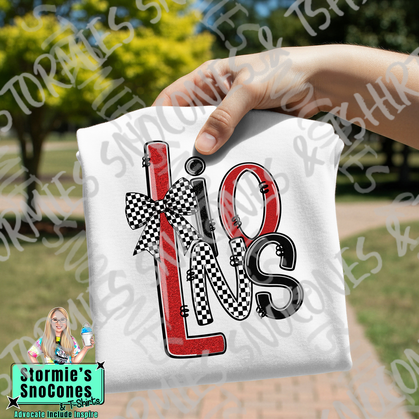 Kountze Lions Doodle Checkered Bow Faux Glitter White Gildan Comfort Colors Bella Canvas Shirt