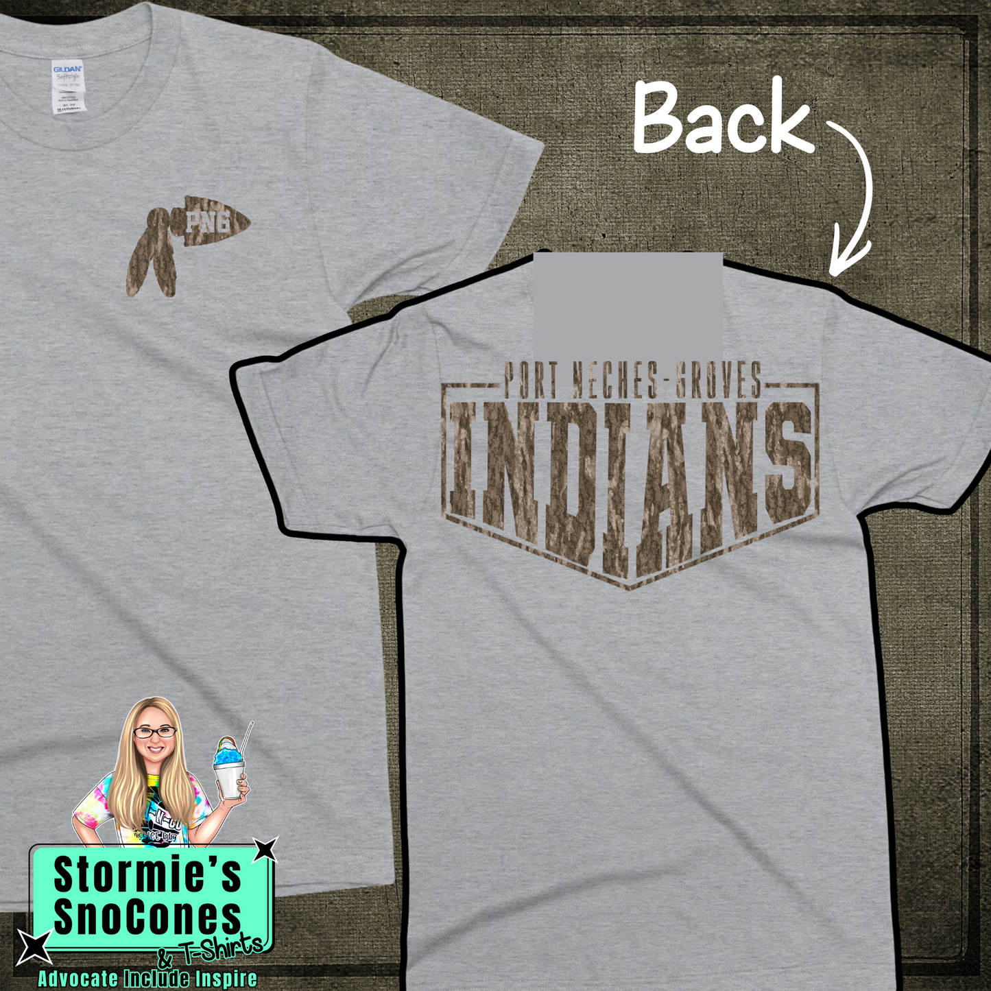 Port Neches-Groves Indians Bottomland Camo Frame - Dryblend or Dryfit - Sport Gray Short Sleeve Shirt