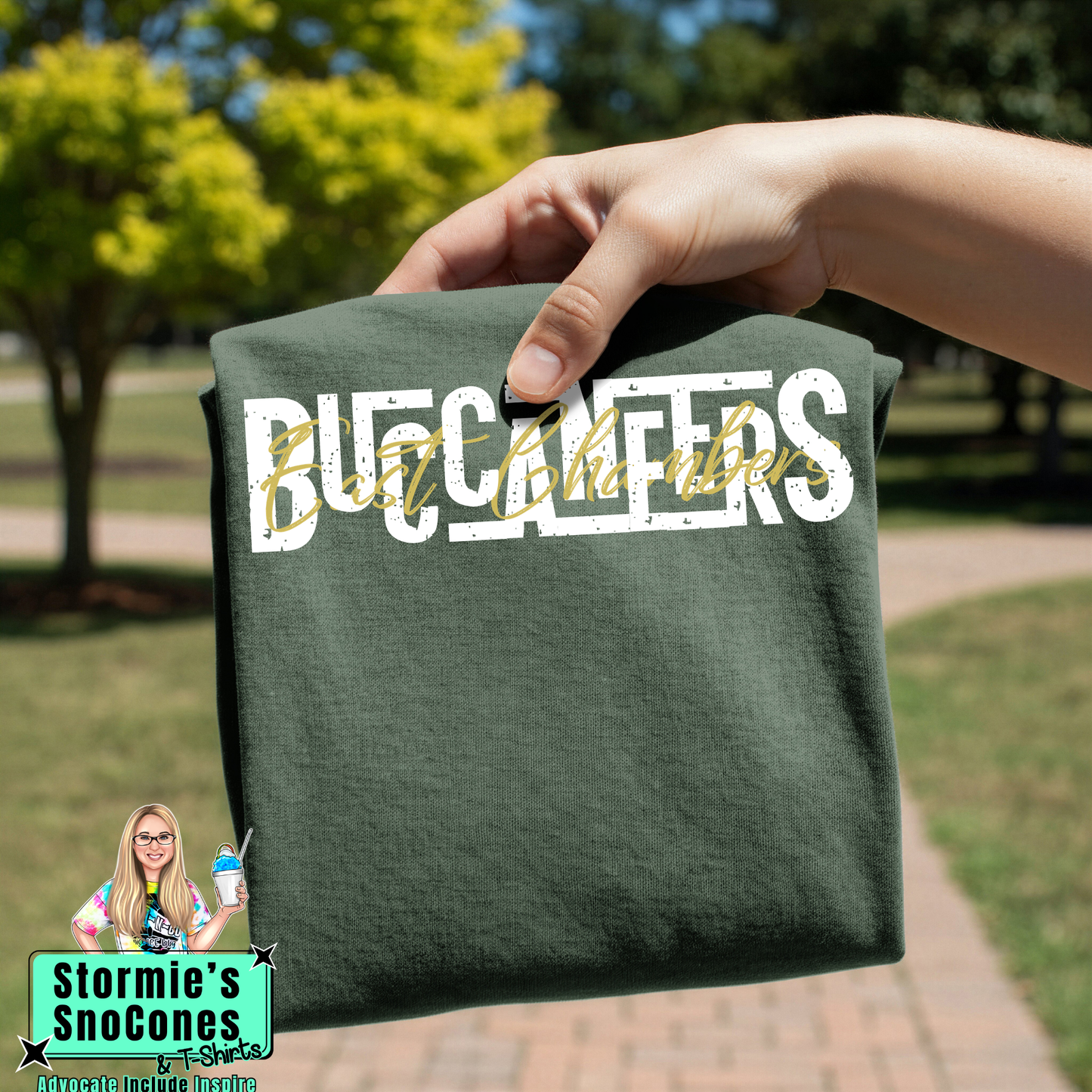 East Chambers Buccaneers Lines Cursive Weave Forest Green Gildan Comfort Colors Bella Canvas Shirt