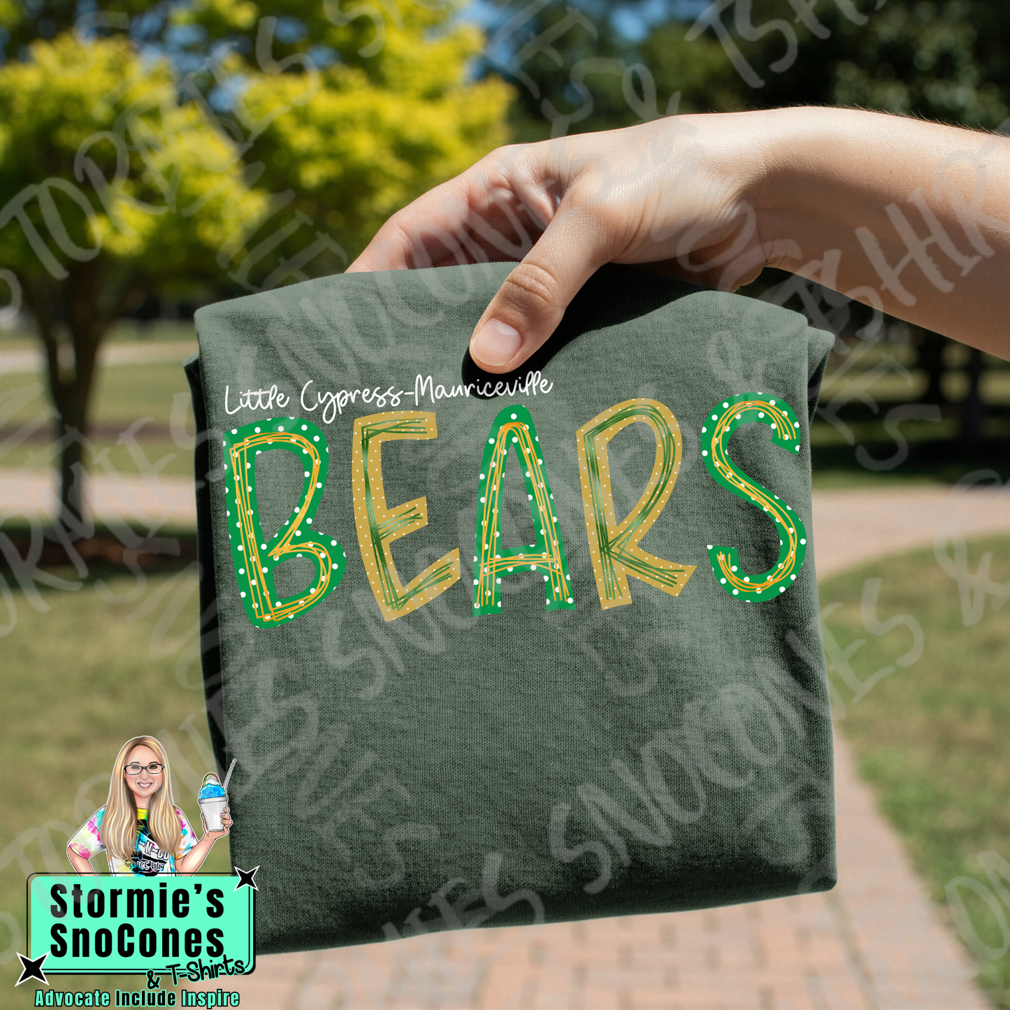 Little Cypress-Mauriceville Bears Polka Dot Doodle Forest Green Gildan Comfort Colors Bella Canvas Shirt