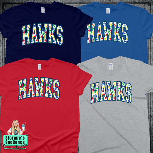 Hawks Arched Autism Ribbon Handprint Puzzle Fill Tshirt