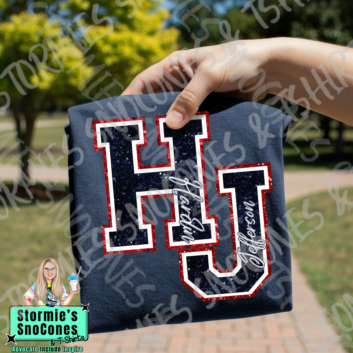 Hardin Jefferson Hawks Big Initial Faux Glitter Navy Gildan Comfort Colors Bella Canvas Shirt