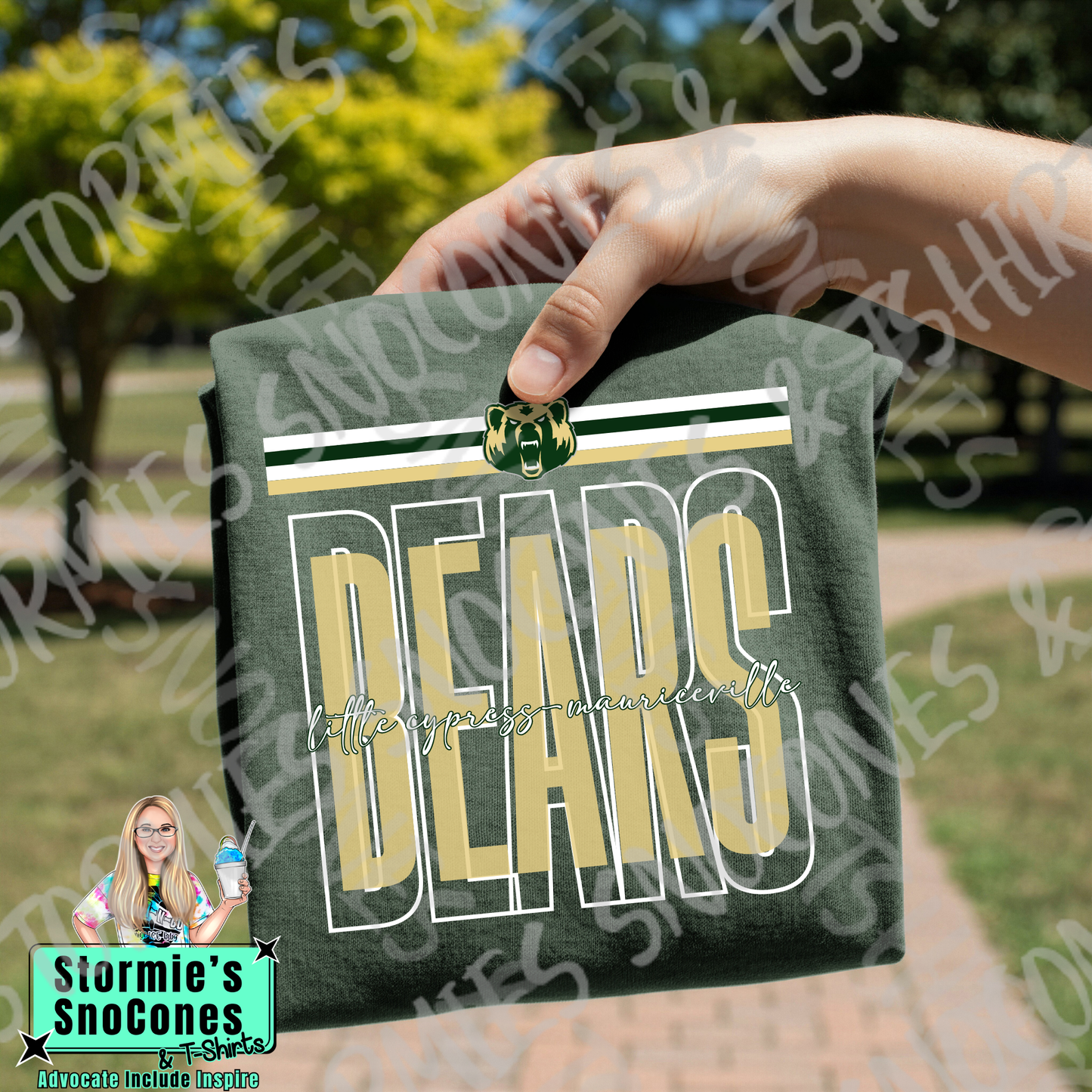 Little Cypress-Mauriceville Bears Layered Outline Cursive Forest Green Gildan Comfort Colors Bella Canvas Shirt