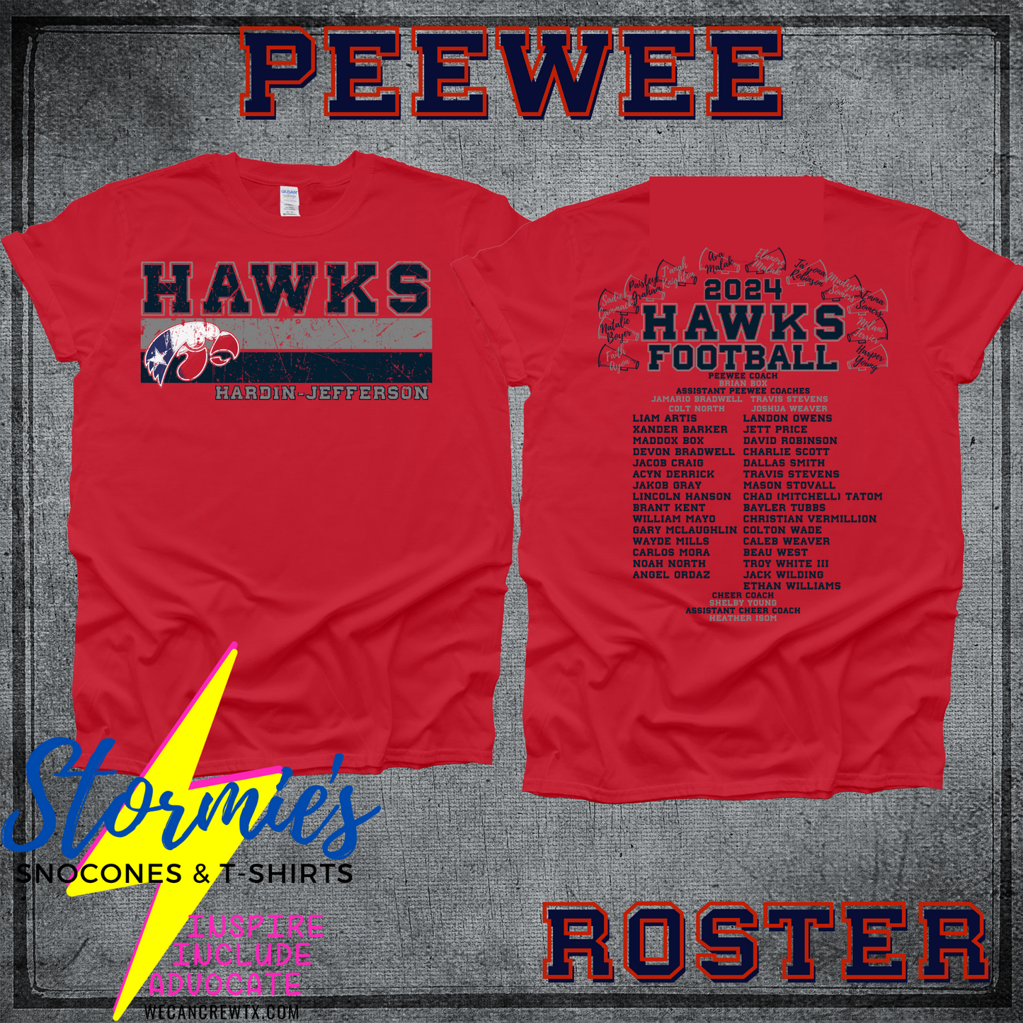 Hawks Peewee Football-Cheer Football 2024 Fundraiser ROSTER Shirt