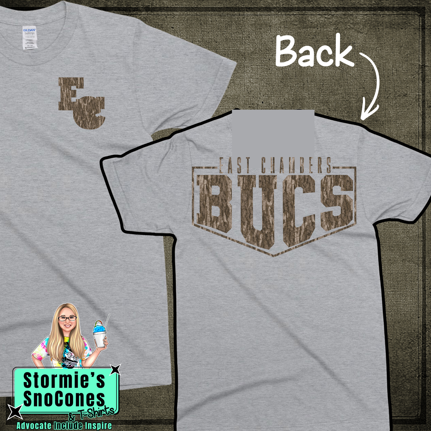 East Chambers Buccaneers Bottomland Camo Frame - Dryblend or Dryfit - Sport Gray Short Sleeve Shirt