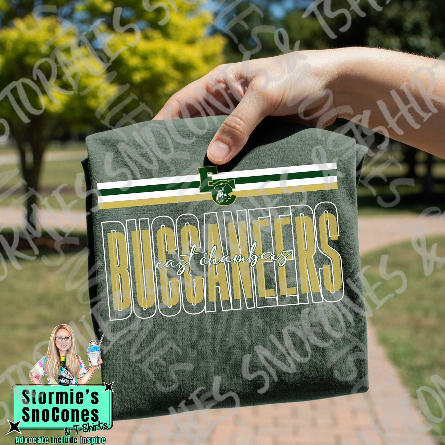 East Chambers Buccaneers Layered Outline Cursive Forest Green Gildan Comfort Colors Bella Canvas Shirt