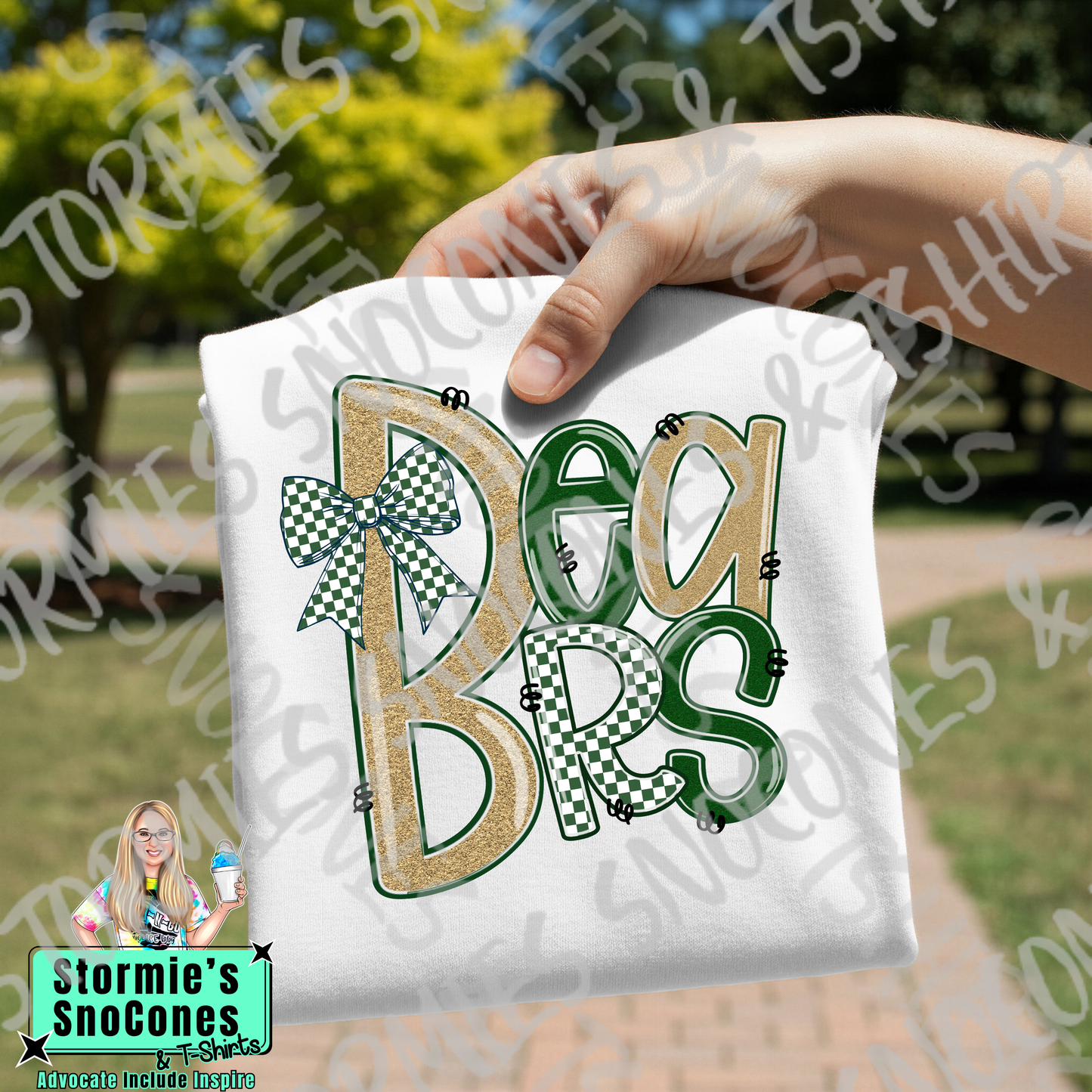 Little Cypress-Mauriceville Bears Doodle Checkered Bow Faux Glitter White Gildan Comfort Colors Bella Canvas Shirt