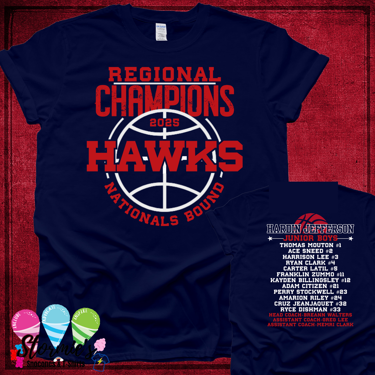 Hawks Junior Boys Basketball All-Stars 2025 Navy Shirt REGIONAL CHAMPS