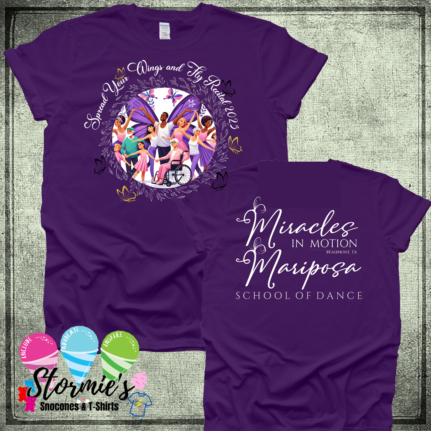 Mariposa School of Dance Spread Your Wings and Fly Recital 2025 Cotton & Softstyle Purple Shirt Fundraiser