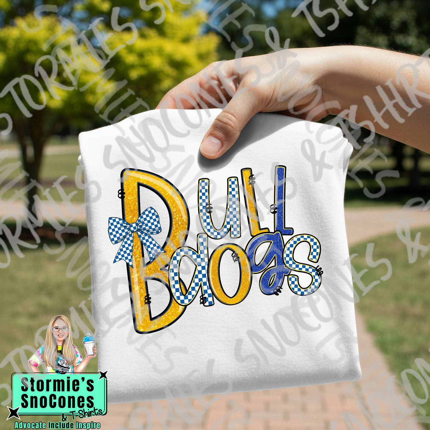Monsignor Kelly Catholic High School Bulldogs Doodle Checkered Bow Faux Glitter White Gildan Comfort Colors Bella Canvas Shirt