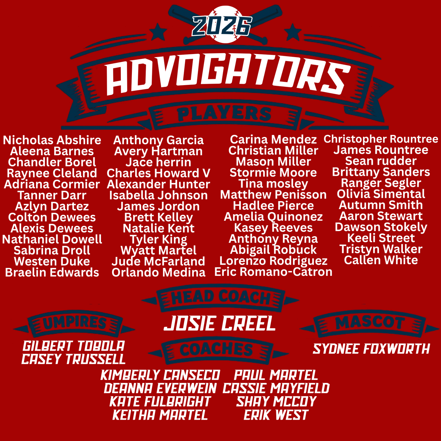 Advogators Baseball Team ROSTER 2026 Red Gildan Comfort Colors Bella Canvas Shirt