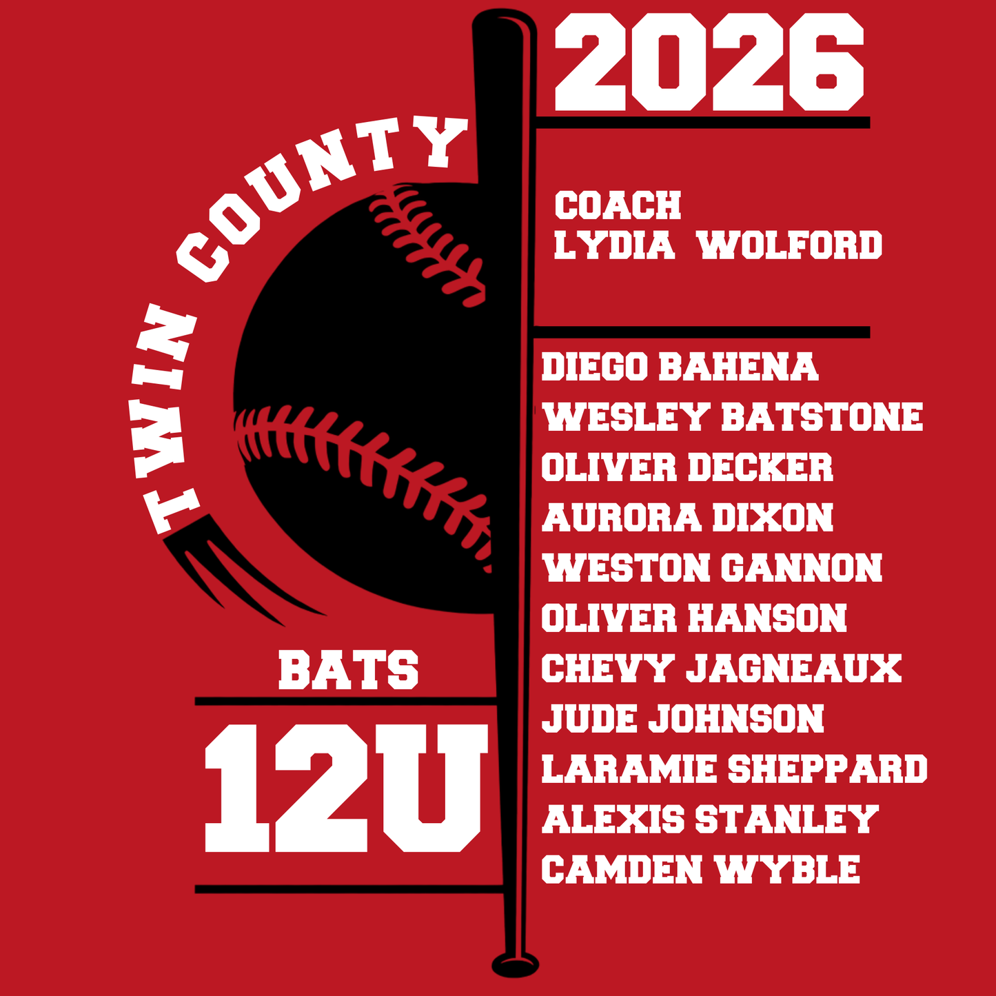 Bats 12U Twin County 2026 Red Dry Fit Shirt