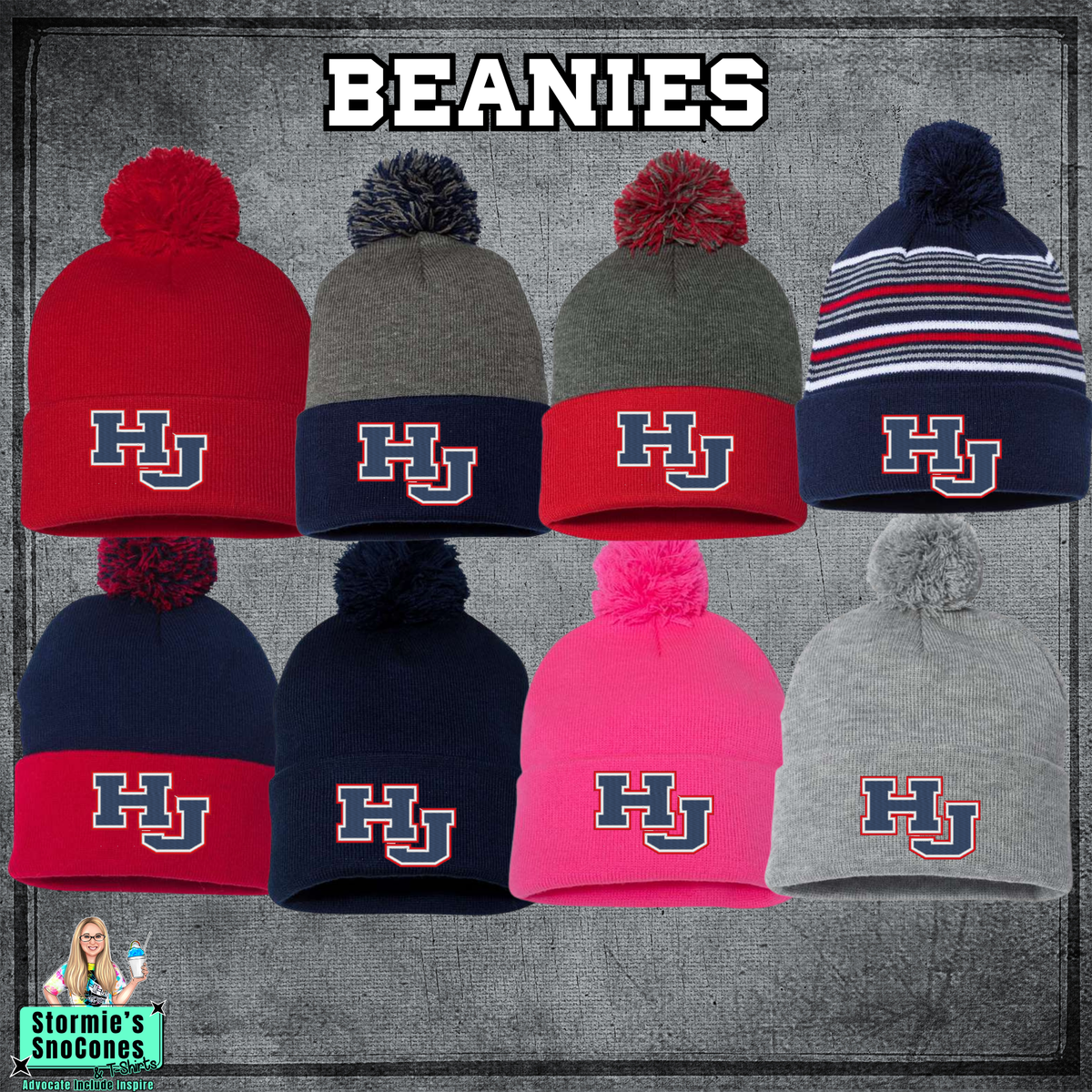 HJ 3 Color Cuffed Embroidered Pompom Beanie