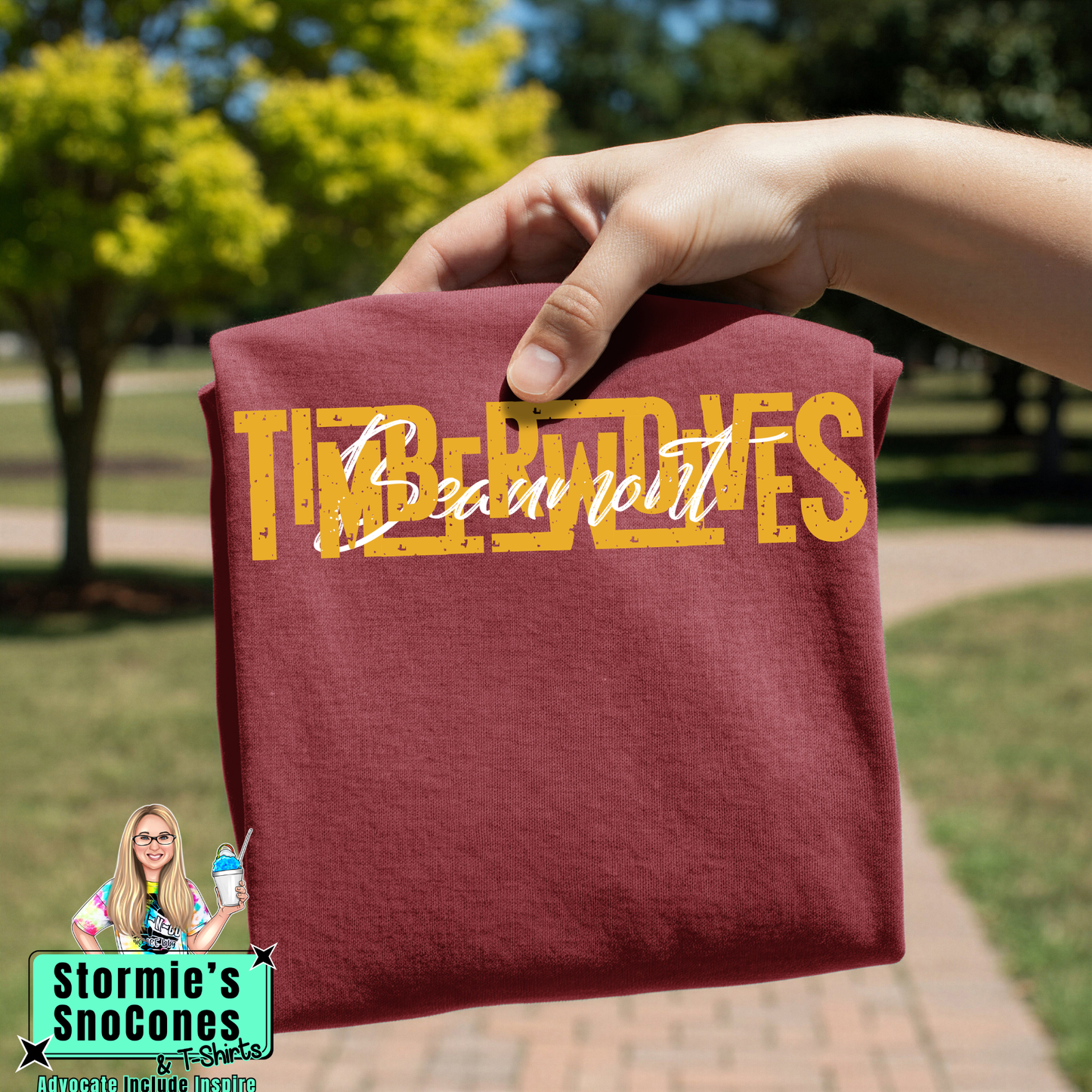 Beaumont Timberwolves Lines Cursive Weave Maroon Gildan Comfort Colors Bella Canvas Shirt