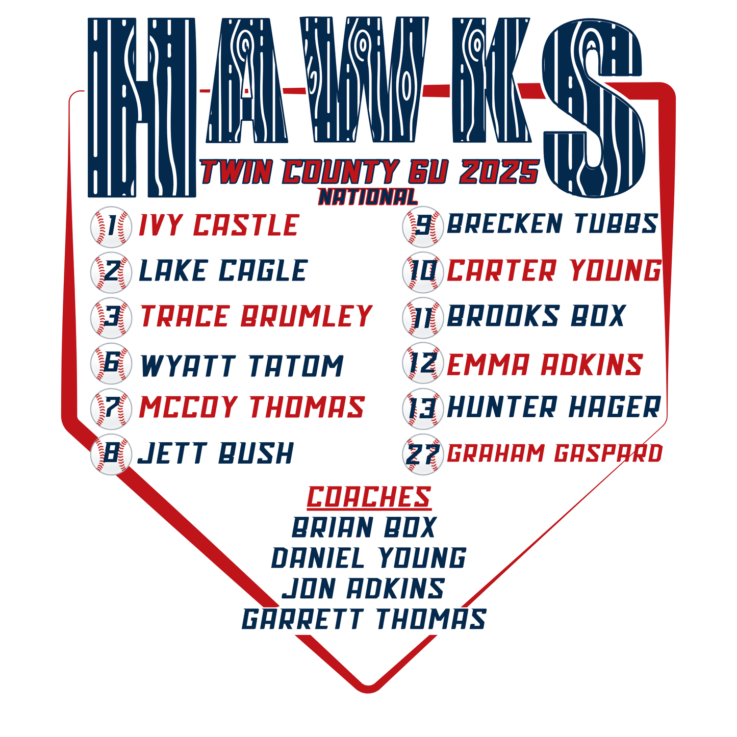 Hawks 6U Baseball All Stars 2025 NATIONAL White Shirt