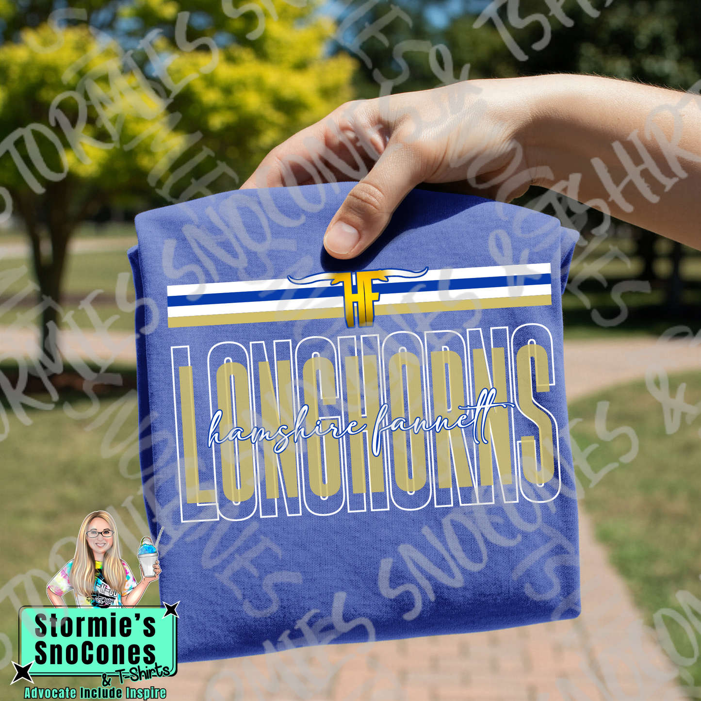 Hamshire Fannett Longhorns Layered Outline Cursive Blue Gildan Comfort Colors Bella Canvas Shirt