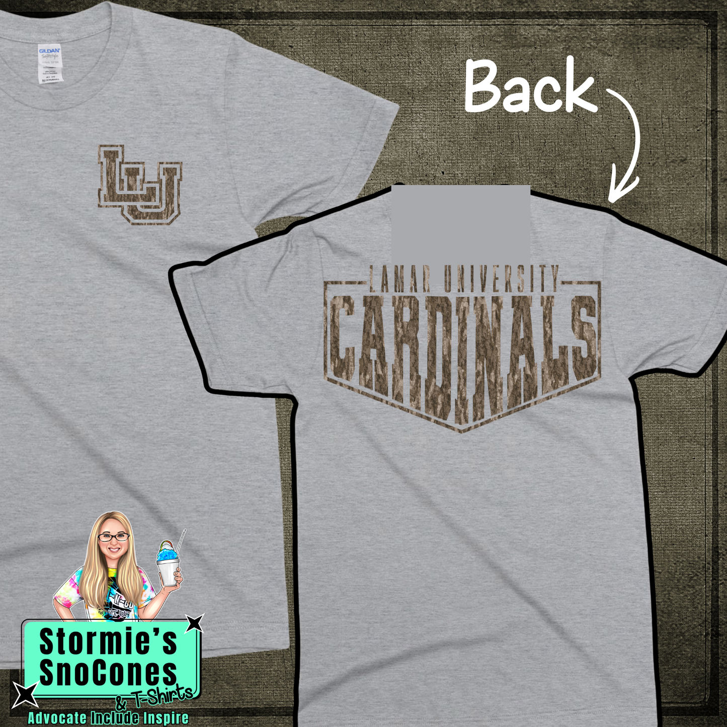 Lamar University Cardinals Bottomland Camo Frame - Dryblend or Dryfit - Sport Gray Short Sleeve Shirt
