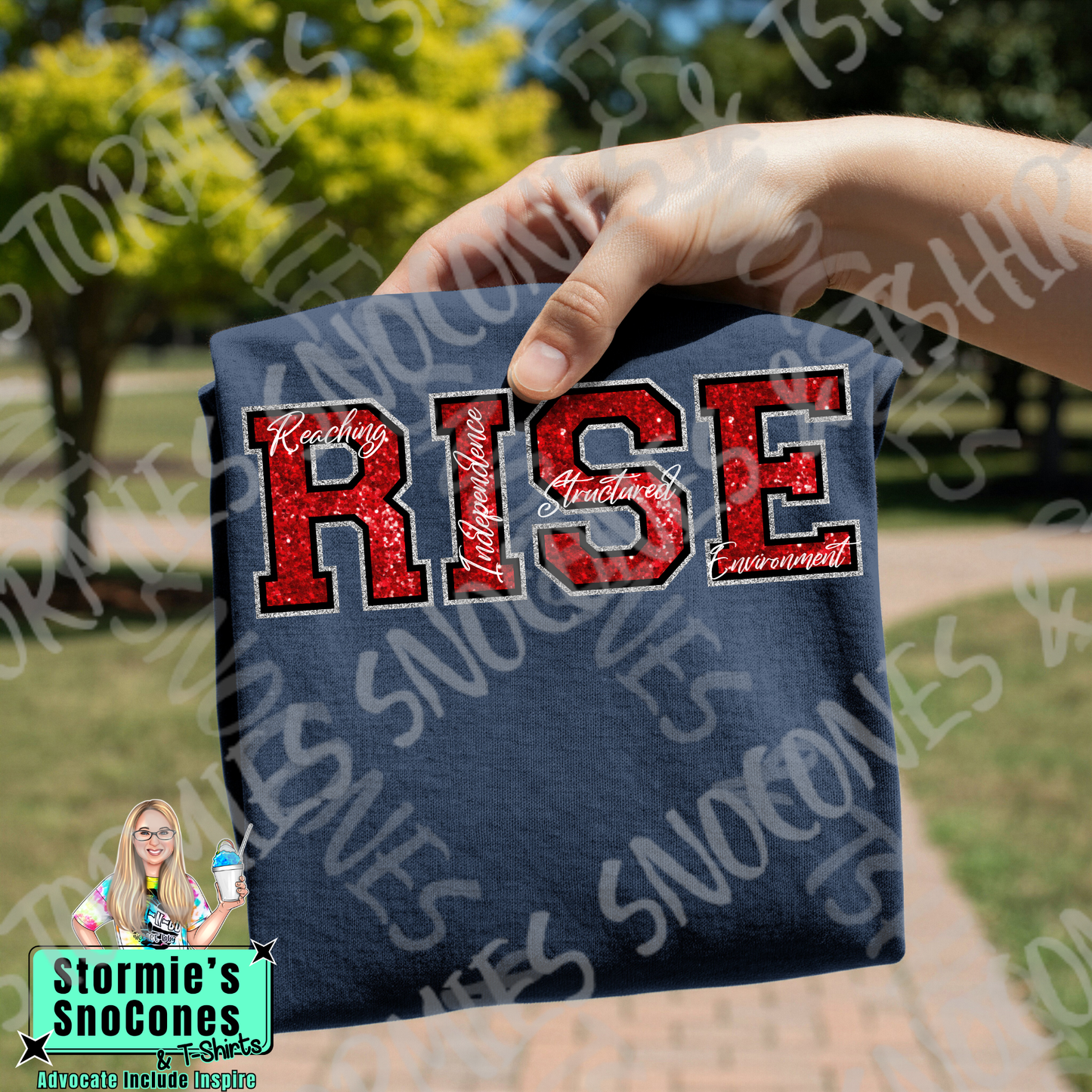 RISE Reaching Independence in a Structured Environment Big Initial Faux Glitter Navy Gildan Comfort Colors Bella Canvas Shirt