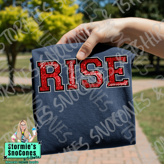 RISE Reaching Independence in a Structured Environment Big Initial Faux Glitter Navy Gildan Comfort Colors Bella Canvas Shirt