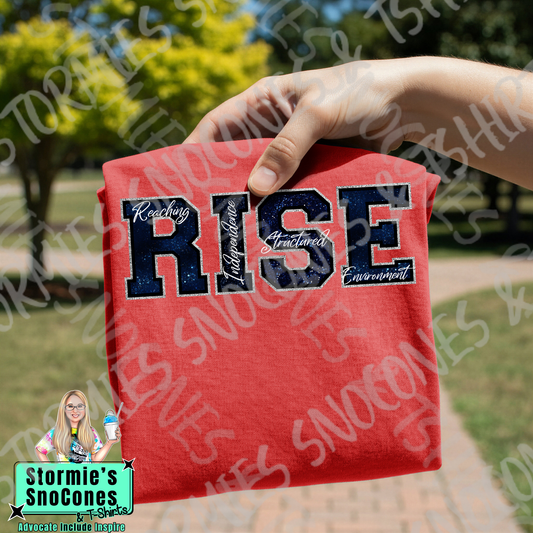 RISE Reaching Independence in a Structured Environment Big Initial Faux Glitter Red Gildan Comfort Colors Bella Canvas Shirt
