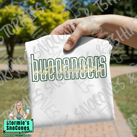 East Chambers Buccaneers Lowercase Block and Cursive White Gildan Comfort Colors Bella Canvas Shirt
