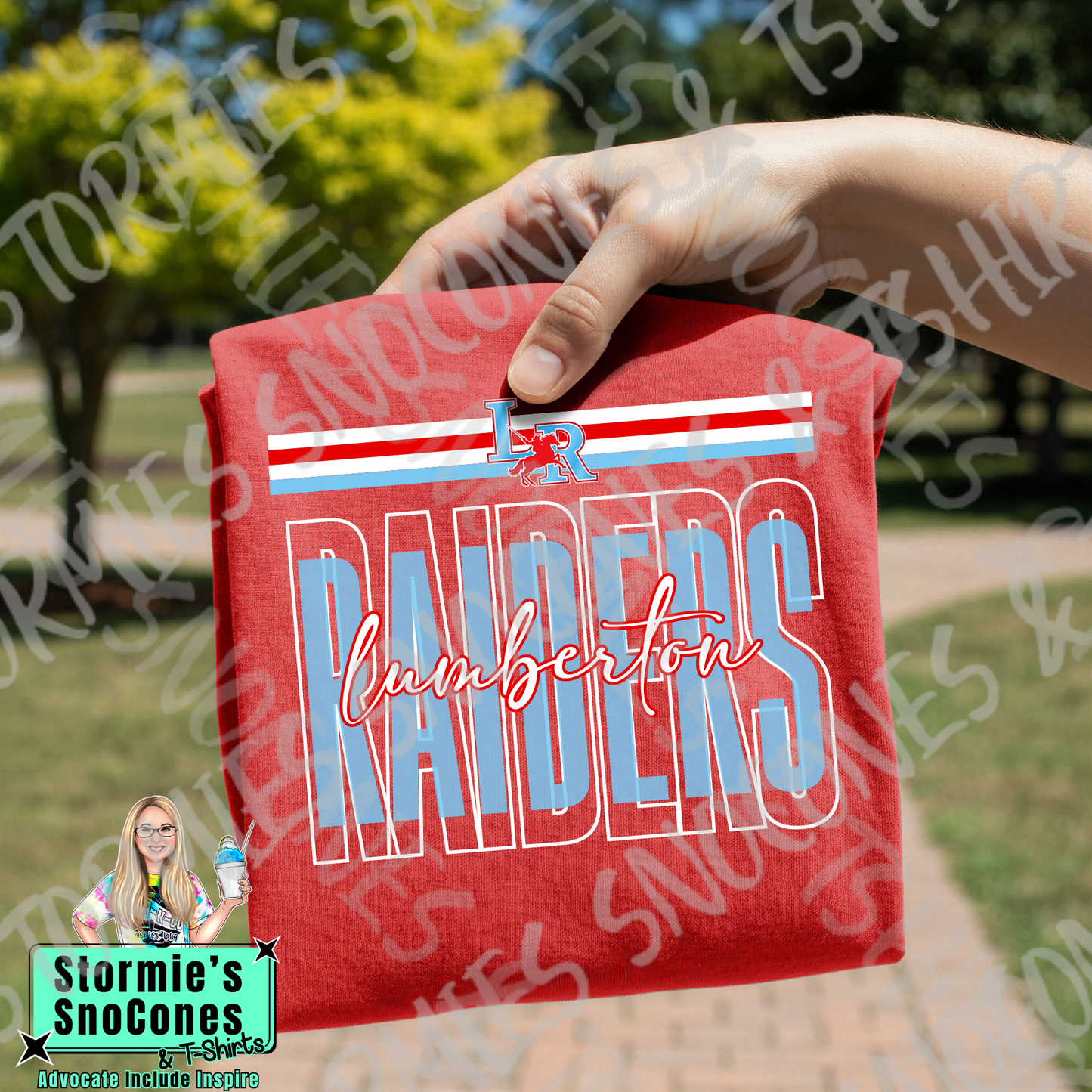 Lumberton Raiders Layered Outline Cursive Red Gildan Comfort Colors Bella Canvas Shirt