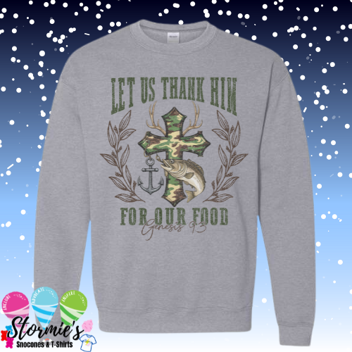 Let's Thank Him For Our Food Camo Cross Sport Gray Sweatshirt & Hoodie & Long Sleeve Shirt