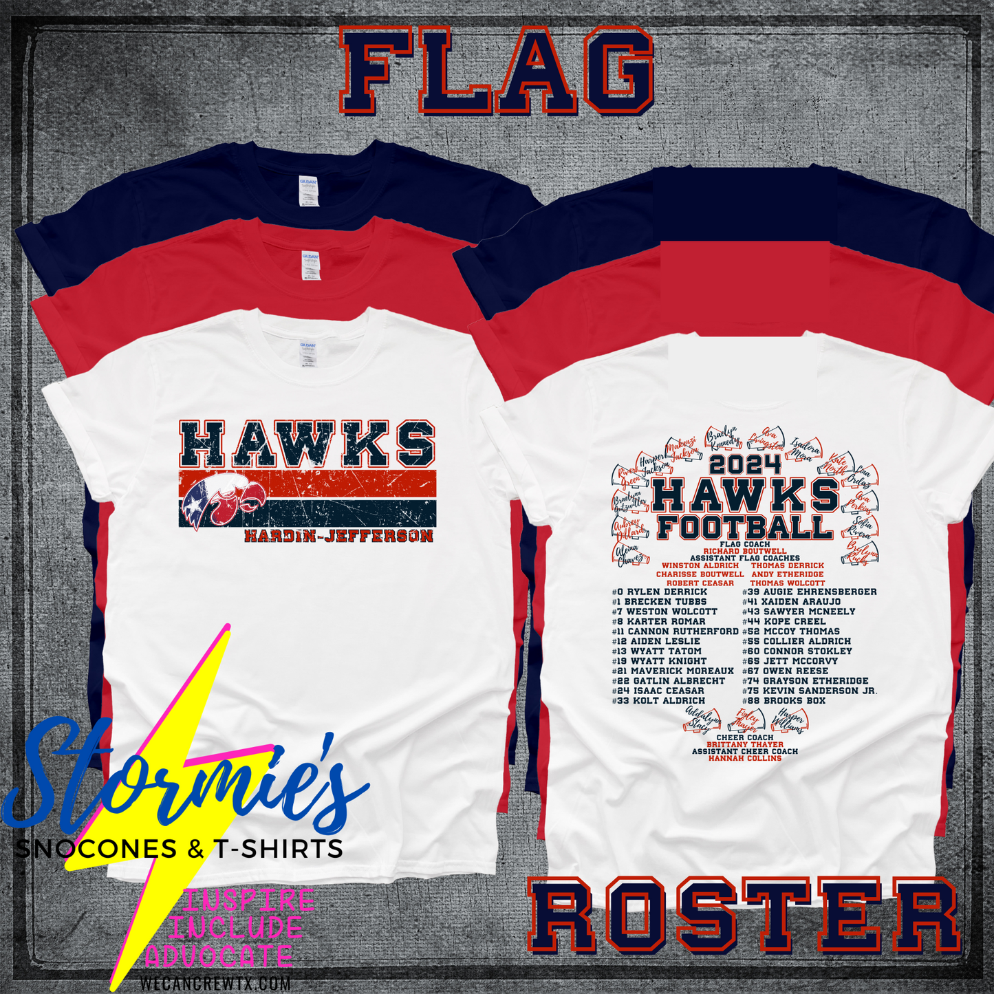 Hawks Flag Football-Cheer 2024 Fundraiser ROSTER Shirt