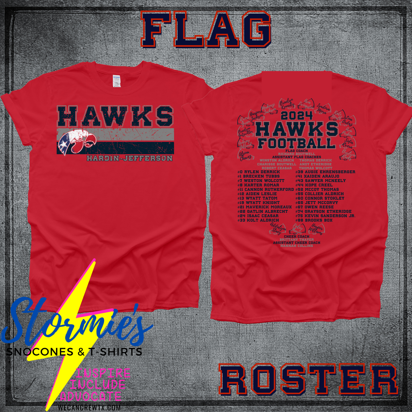 Hawks Flag Football-Cheer 2024 Fundraiser ROSTER Shirt