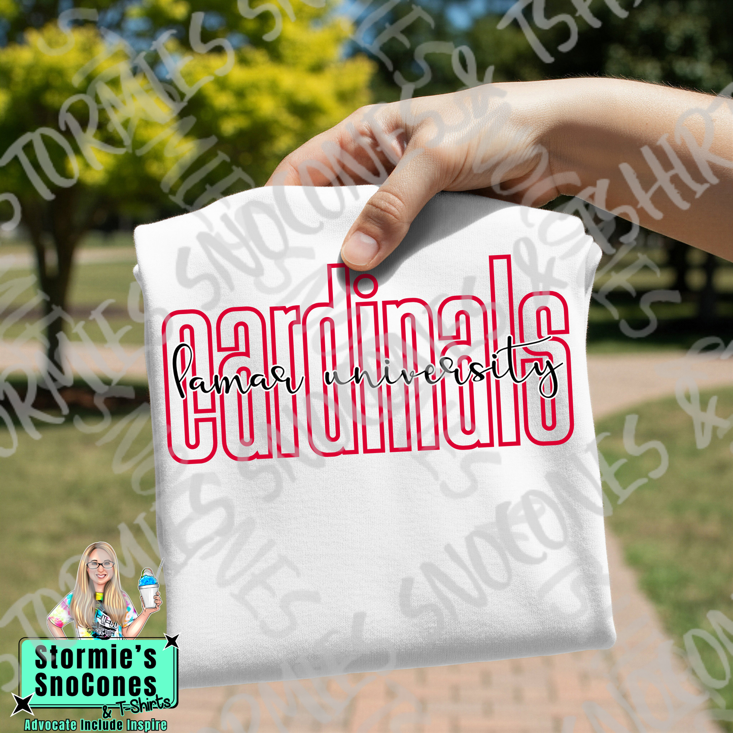 Lamar University Cardinals Lowercase Block and Cursive White Gildan Comfort Colors Bella Canvas Shirt