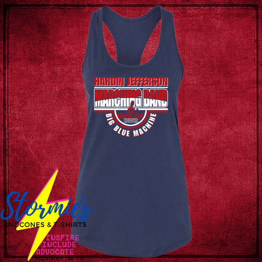 Hawks Big Blue Machine Band Hardin Jefferson High School Navy Bella Racer Back Tank Top 2024