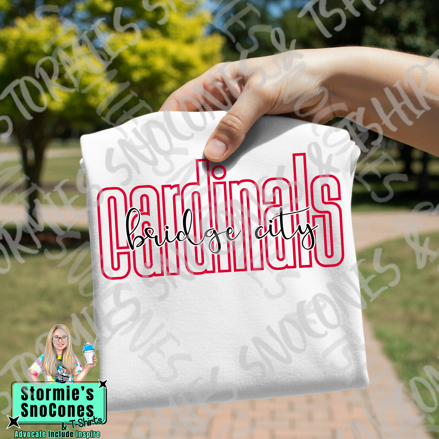 Bridge City Cardinals Lowercase Block and Cursive White Gildan Comfort Colors Bella Canvas Shirt