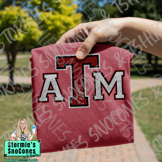 Texas A&M Big Initial Faux Glitter Maroon Gildan Comfort Colors Bella Canvas Shirt