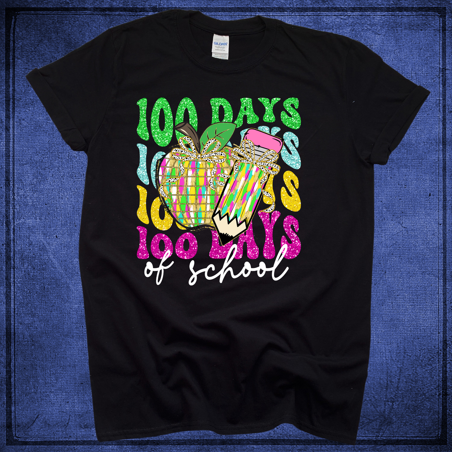 Apple & Pencil  -100 Days of School - Black Shirt