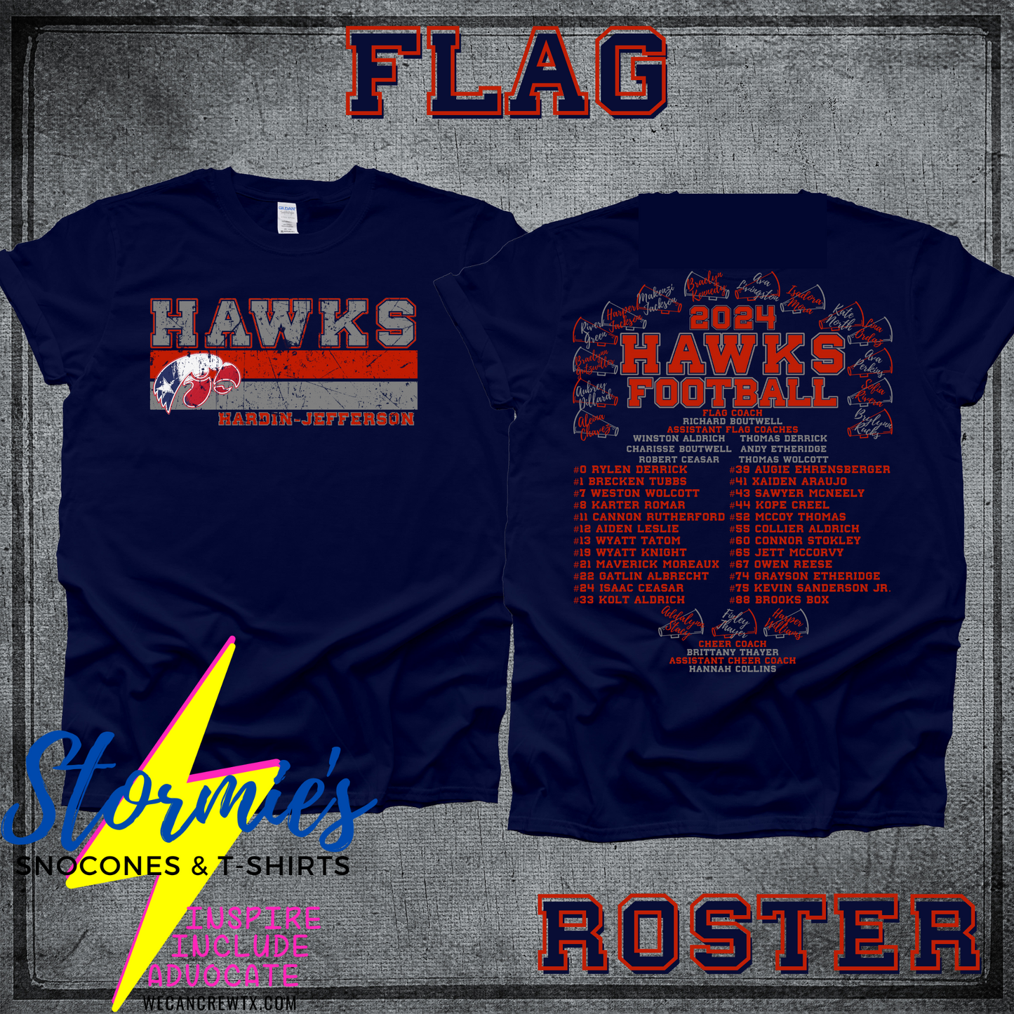 Hawks Flag Football-Cheer 2024 Fundraiser ROSTER Shirt