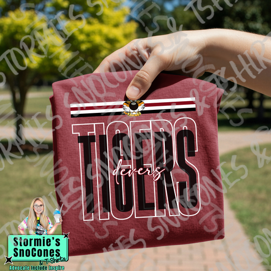 Devers Tigers Layered Outline Cursive Maroon Gildan Comfort Colors Bella Canvas Shirt