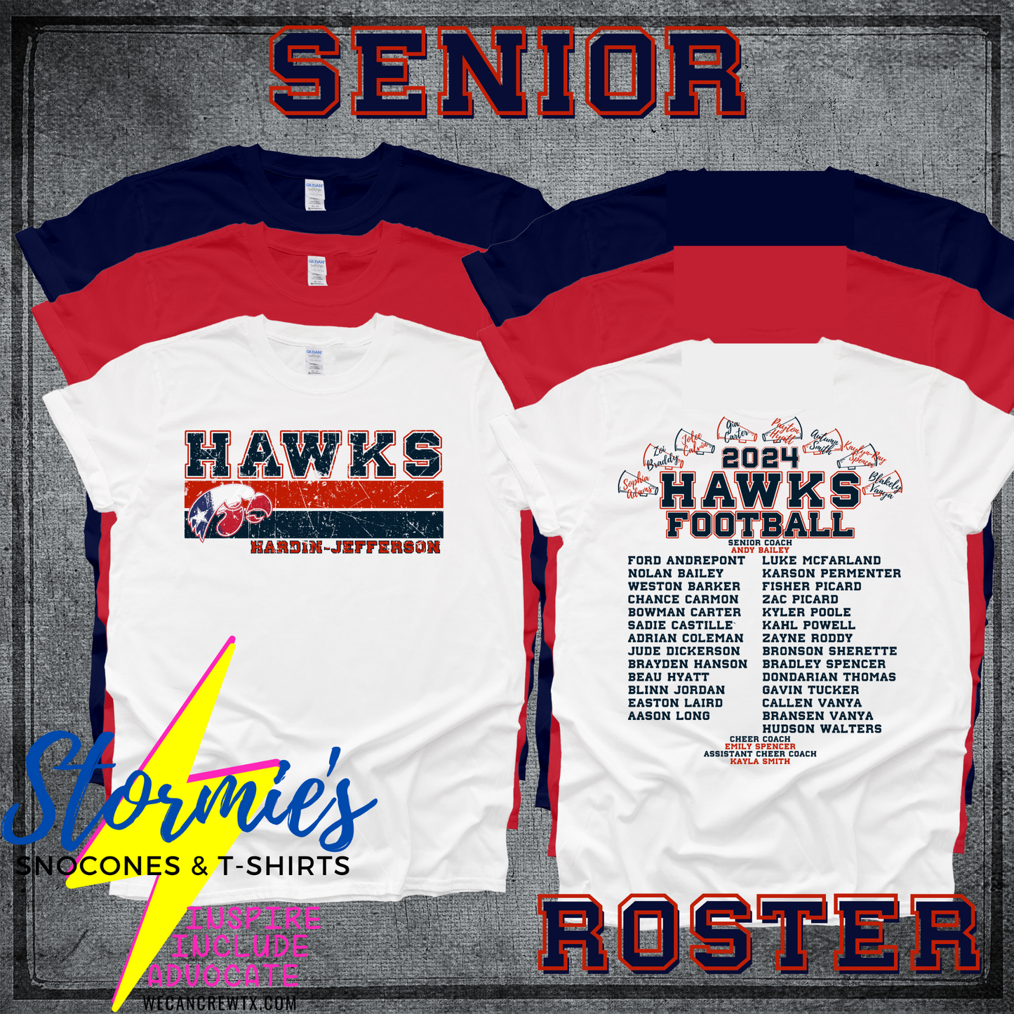 Hawks Senior Football-Cheer 2024 Fundraiser ROSTER Shirt