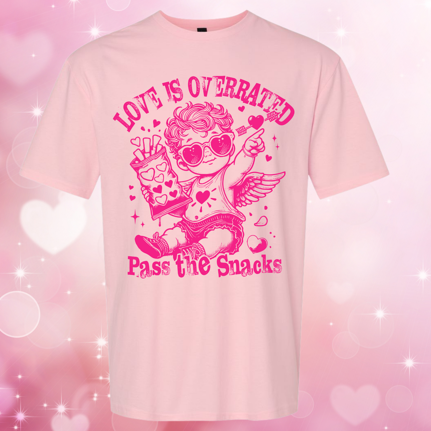 Love is Overrated Pass the Snacks Valentine's Day Shirt