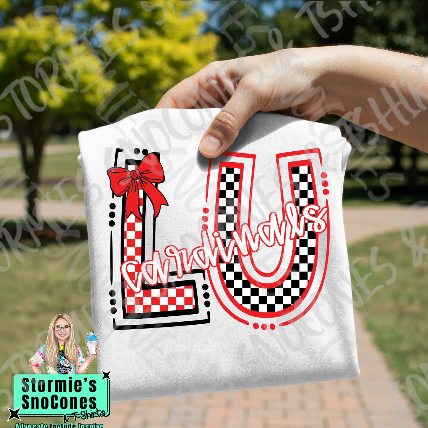 Lamar University Cardinals Checkered Doodle Initials White Gildan Comfort Colors Bella Canvas Shirt