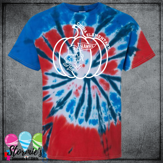 Hawk Pumpkin - Fall China Elementary Field Day Tie Dye Independence Red & Blue All School Support Shirt